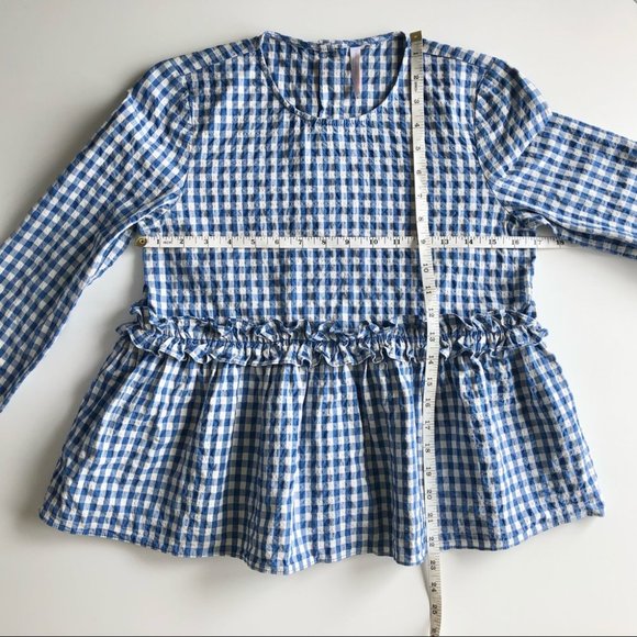Zara Gingham White Blue Check Ruffle Top Crew Neck - Picture 9 of 9